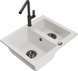 MEXEN/S - Carlos granitový drez 1.5 vrátane batérie Flora, biela (6518-20-670401-70-B)