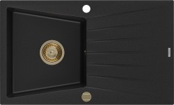 MEXEN/S - Cesar granitový drez 1-miska s odkvapkávačom 775 x 470 mm, čierny, zlatý sifón (6514771010-77-G)