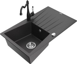 MEXEN/S - Cesar granitový drez 1-miska s odkvapkávačom vrátane batérie Carla, čierna kropenatá (6514-76-670700-70)