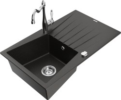 MEXEN/S - Cesar granitový drez 1-miska s odkvapkávačom vrátane batérie Carla, čierna/zlatá metalik (6514-75-670700-00)