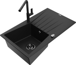 MEXEN/S - Cesar granitový drez 1-miska s odkvapkávačom vrátane batérie Flora, čierna (6514-77-670401-70-B)