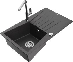 MEXEN/S - Cesar granitový drez 1-miska s odkvapkávačom vrátane batérie Flora, čierna kropenatá (6514-76-670401-00)