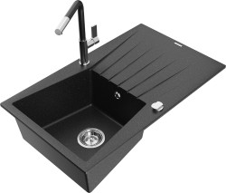 MEXEN/S - Cesar granitový drez 1-miska s odkvapkávačom vrátane batérie Flora, čierna/strieborná metalik (6514-73-670401-07)