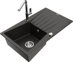 MEXEN/S - Cesar granitový drez 1-miska s odkvapkávačom vrátane batérie Flora, čierna/zlatá metalik (6514-75-670401-00)