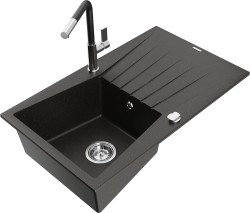 MEXEN/S - Cesar granitový drez 1-miska s odkvapkávačom vrátane batérie Flora, čierna/zlatá metalik (6514-75-670401-07)