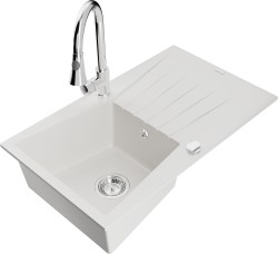 MEXEN/S - Cesar granitový drez 1 s odkvapkávačom vrátane batérie Elia, biela (6514-20-670101-00)