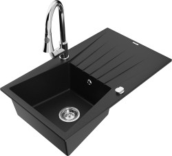 MEXEN/S - Cesar granitový drez 1 s odkvapkávačom vrátane batérie Elia, čierna (6514-77-670101-00)