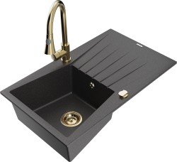 MEXEN/S - Cesar granitový drez 1 s odkvapkávačom vrátane batérie Elia, čierna kropenatá (6514-76-670101-50)