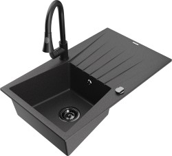 MEXEN/S - Cesar granitový drez 1 s odkvapkávačom vrátane batérie Elia, čierna kropenatá (6514-76-670101-70-B)