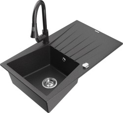 MEXEN/S - Cesar granitový drez 1 s odkvapkávačom vrátane batérie Elia, čierna kropenatá (6514-76-670101-76)