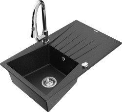 MEXEN/S - Cesar granitový drez 1 s odkvapkávačom vrátane batérie Elia, čierna/strieborná metalík (6514-73-670101-00)