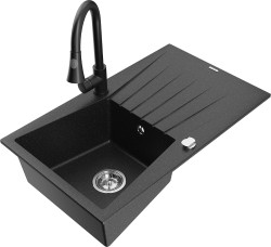 MEXEN/S - Cesar granitový drez 1 s odkvapkávačom vrátane batérie Elia, čierna/strieborná metalík (6514-73-670101-70)