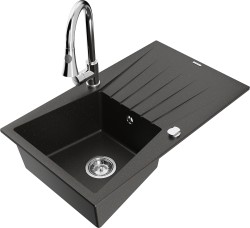 MEXEN/S - Cesar granitový drez 1 s odkvapkávačom vrátane batérie Elia, čierna/zlatá metalik (6514-75-670101-00)