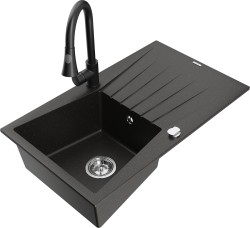 MEXEN/S - Cesar granitový drez 1 s odkvapkávačom vrátane batérie Elia, čierna/zlatá metalik (6514-75-670101-70)