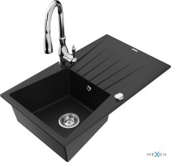 MEXEN/S - Cesar granitový drez 1 s odkvapkávačom vrátane batérie Savita, čierna (6514-77-672601-00)