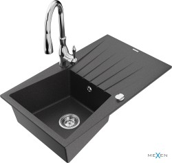 MEXEN/S - Cesar granitový drez 1 s odkvapkávačom vrátane batérie Savita, čierna kropenatá (6514-76-672601-00)