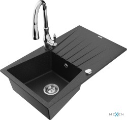 MEXEN/S - Cesar granitový drez 1 s odkvapkávačom vrátane batérie Savita, čierna/strieborná metalík (6514-73-672601-00)
