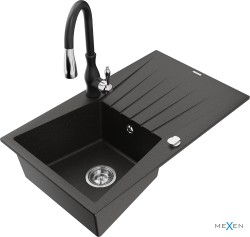 MEXEN/S - Cesar granitový drez 1 s odkvapkávačom vrátane batérie Savita, čierna/zlatá metalik (6514-75-672601-70)