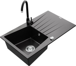 MEXEN/S - Cesar granitový drez 1 s odkvapkávačom vrátane batérie Telma, čierna (6514-77-670200-70)