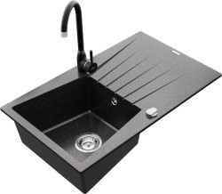 MEXEN/S - Cesar granitový drez 1 s odkvapkávačom vrátane batérie Telma, čierna kropenatý (6514-76-670200-76)