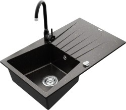 MEXEN/S - Cesar granitový drez 1 s odkvapkávačom vrátane batérie Telma, čierna/zlatý (6514-75-670200-70)