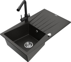 MEXEN/S - Cesar granitový drez s odkvapkávačom vrátane batérie Duero, čierna/zlatá metalik (6514-75-671600-70)