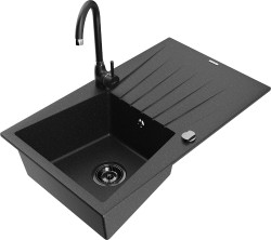 MEXEN/S - Cesar granitový drez s odkvapkávačom vrátane batérie Telma, čierna/strieborná (6514-73-670200-70-B)