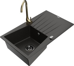 MEXEN/S - Cesar granitový drez s odkvapkávačom vrátane batérie Telma, čierna/zlatá (6514-75-670200-50-B)