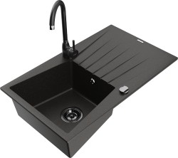 MEXEN/S - Cesar granitový drez s odkvapkávačom vrátane batérie Telma, čierna/zlatá (6514-75-670200-70-B)