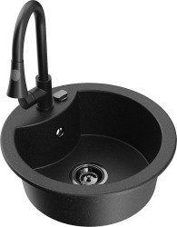 MEXEN/S - Diego granitový drez 1-miska vrátane batérie Elia, čierna/strieborná metalík (6512-73-670101-70-B)