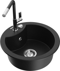 MEXEN/S - Diego granitový drez 1-miska vrátane batérie Flora, čierna (6512-77-670401-07)