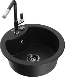 MEXEN/S - Diego granitový drez 1-miska vrátane batérie Flora, čierna (6512-77-670401-07-B)