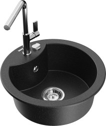 MEXEN/S - Diego granitový drez 1-miska vrátane batérie Flora, čierna/strieborná metalík (6512-73-670401-00)