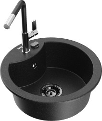MEXEN/S - Diego granitový drez 1-miska vrátane batérie Flora, čierna/strieborná metalík (6512-73-670401-07-B)