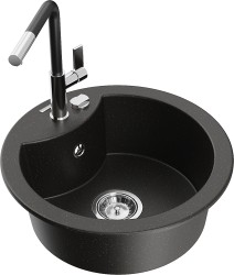 MEXEN/S - Diego granitový drez 1-miska vrátane batérie Flora, čierna/zlatá metalik (6512-75-670401-07)