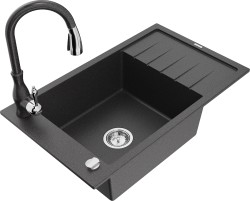 MEXEN/S - Elias Elias granitový drez 1-miska s odkvapkávačom vrátane batérie Savita, čierna kropenatá (6511-76-672601-76)