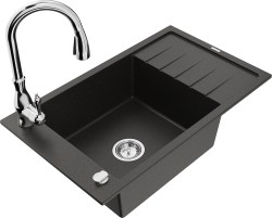 MEXEN/S - Elias Elias granitový drez 1-miska s odkvapkávačom vrátane batérie Savita, čierna/zlatá metalik (6511-75-672601-00)