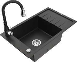 MEXEN/S - Elias Elias granitový drez 1-miska s odkvapkávačom vrátane batérie Savita, čierna/zlatá metalik (6511-75-672601-70)
