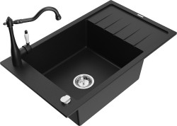 MEXEN/S - Elias granitový drez 1-miska s odkvapkávačom vrátane batérie Carla, čierna (6511-77-670700-70)