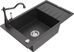 MEXEN/S - Elias granitový drez 1-miska s odkvapkávačom vrátane batérie Carla, čierna kropenatá (6511-76-670700-76)
