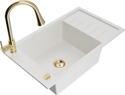 MEXEN/S - Elias granitový drez 1 s odkvapkávačom vrátane batérie Elia, biela (6511-20-670101-50)