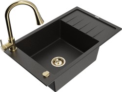 MEXEN/S - Elias granitový drez 1 s odkvapkávačom vrátane batérie Elia, čierna/zlatá metalik (6511-75-670101-50)
