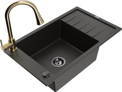 MEXEN/S - Elias granitový drez 1 s odkvapkávačom vrátane batérie Elia, čierna/zlatá metalik (6511-75-670101-50-B)