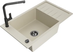 MEXEN/S - Elias granitový drez 1 s odkvapkávačom vrátane batérie Flora, béžová (6511-69-670401-70-B)