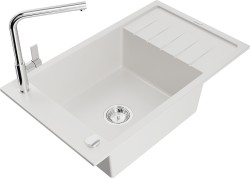 MEXEN/S - Elias granitový drez 1 s odkvapkávačom vrátane batérie Flora, biela (6511-20-670401-00)