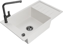 MEXEN/S - Elias granitový drez 1 s odkvapkávačom vrátane batérie Flora, biela (6511-20-670401-70-B)