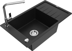 MEXEN/S - Elias granitový drez 1 s odkvapkávačom vrátane batérie Flora, čierna (6511-77-670401-00)