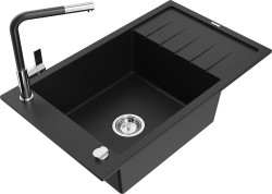 MEXEN/S - Elias granitový drez 1 s odkvapkávačom vrátane batérie Flora, čierna (6511-77-670401-07)