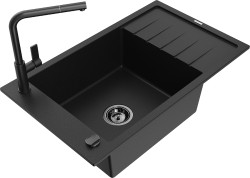 MEXEN/S - Elias granitový drez 1 s odkvapkávačom vrátane batérie Flora, čierna (6511-77-670401-70-B)