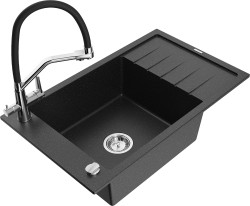 MEXEN/S - Elias granitový drez s odkvapkávačom vrátane batérie Duo, čierna/strieborná metalík (6511-73-671701-07)